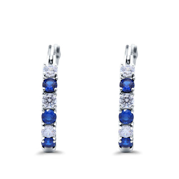 Half Eternity Huggie Hoop Earrings Round Simulated Blue Sapphire Cubic Zirconia 925 Sterling Silver (21mm)